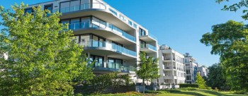 Modern apartment houses with garden seen in Berlin, Germany